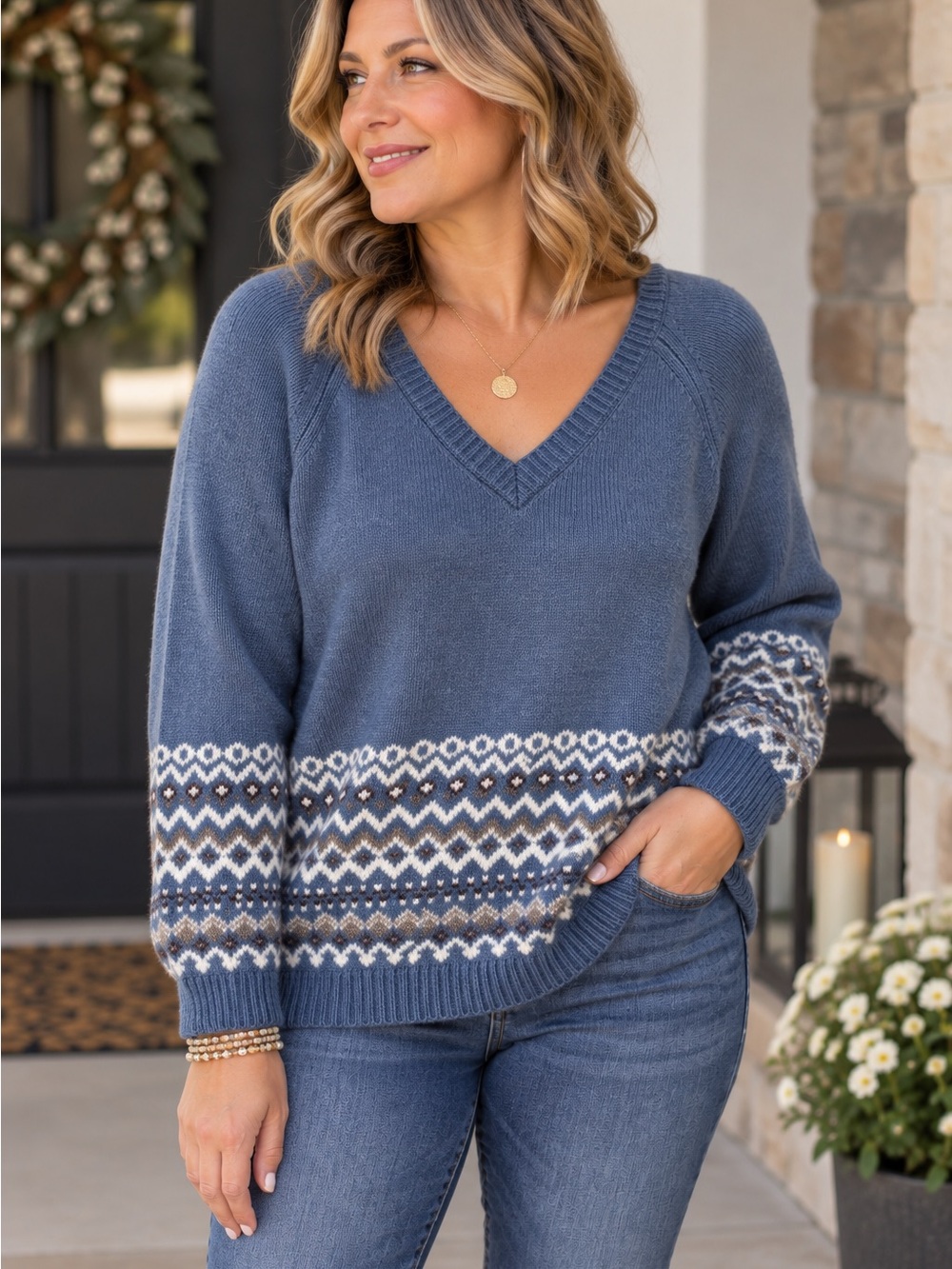 Women’s V-Neck Fair Isle Sweater in Slate Blue
